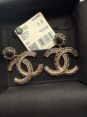 CHANEL Gold and Black Braided CC Drop Earrings